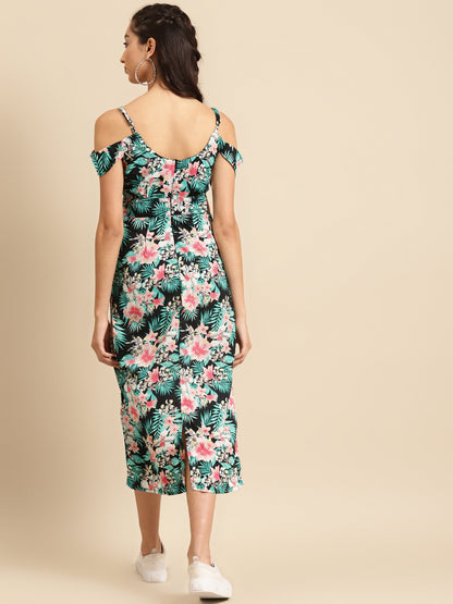 Women Black Floral Print Cold Shoulder Midi Dress