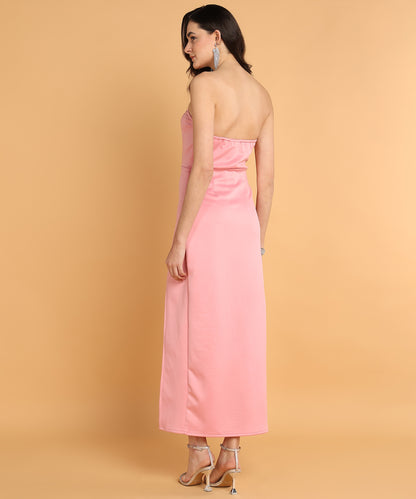 Pink Strapless Slit Dress with Bow Embellishments for Women