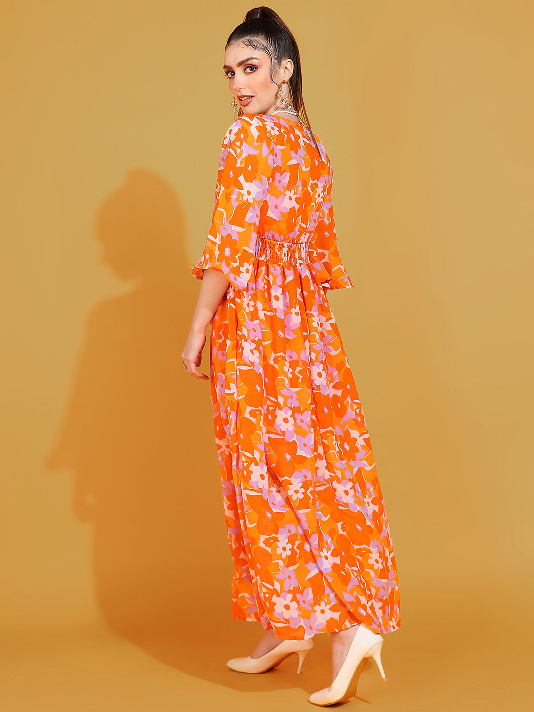 Women's Orange Floral Print Maxi Dress with V-Neck and Flared Sleeves