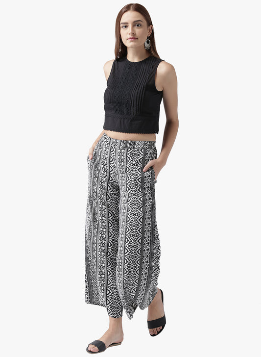 Black and White Tribal Print Wide Leg Trousers for Women