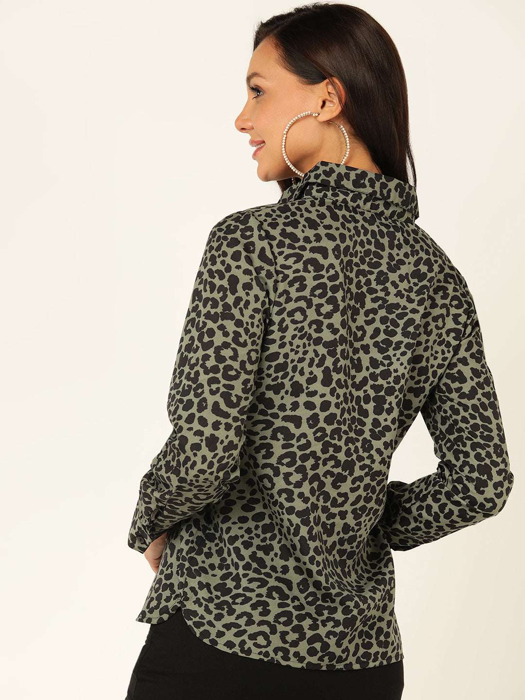 Women's Olive Green Leopard Print Shirt with Button Closure