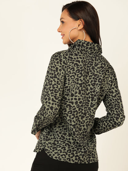 Women's Olive Green Leopard Print Shirt with Button Closure