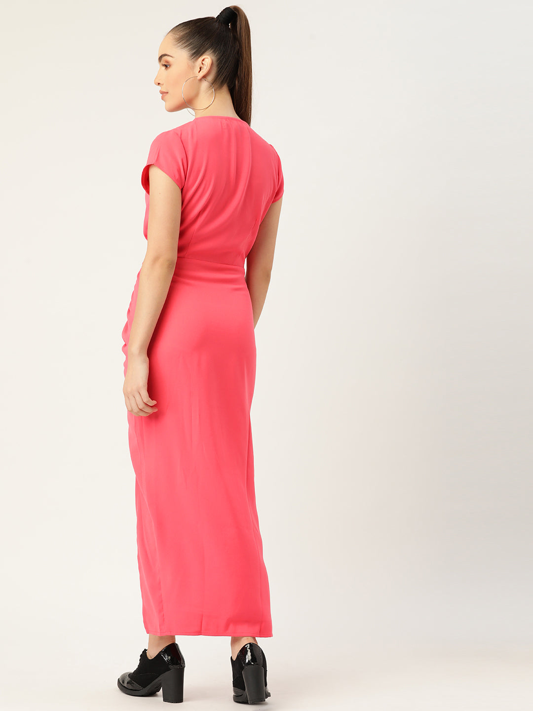 Coral Pink Ruched Wrap Midi Dress for Women – V-Neck Slit Dress for Party & Casual Wear