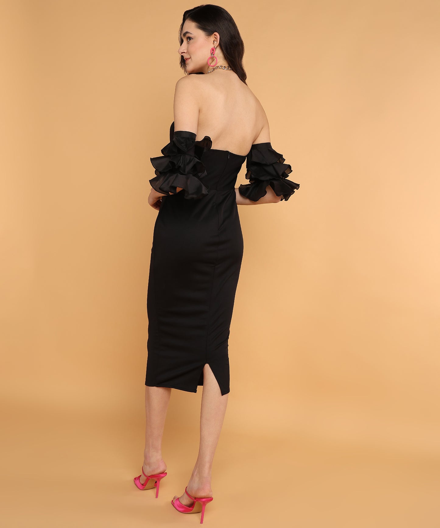 Black Off Shoulder Ruffle Sleeve Bodycon Midi Dress for Women Party Wear