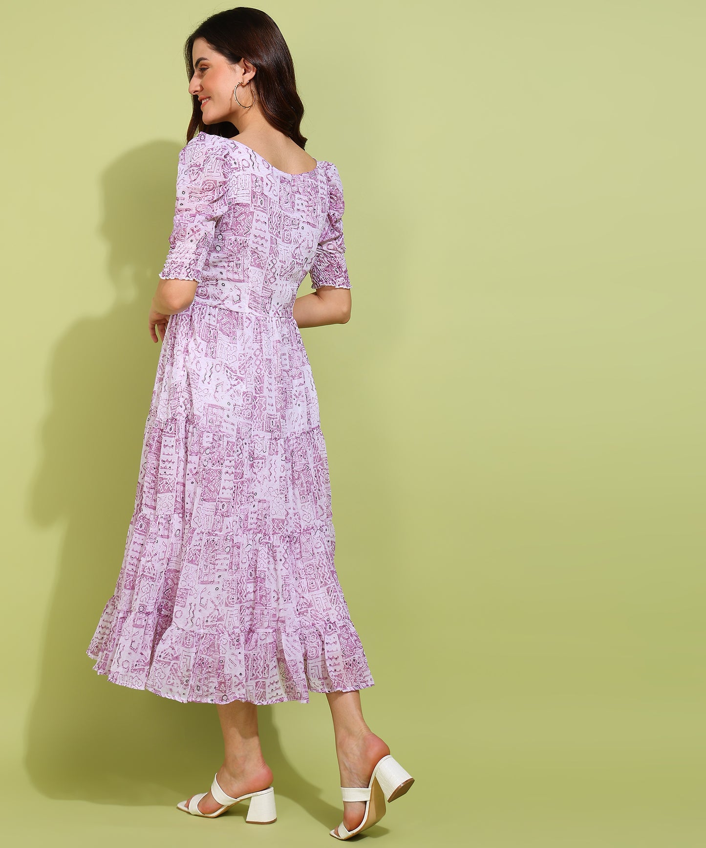 Women's Lilac Abstract Print Puff Sleeve Tiered Midi Dress – Elegant Summer Wear