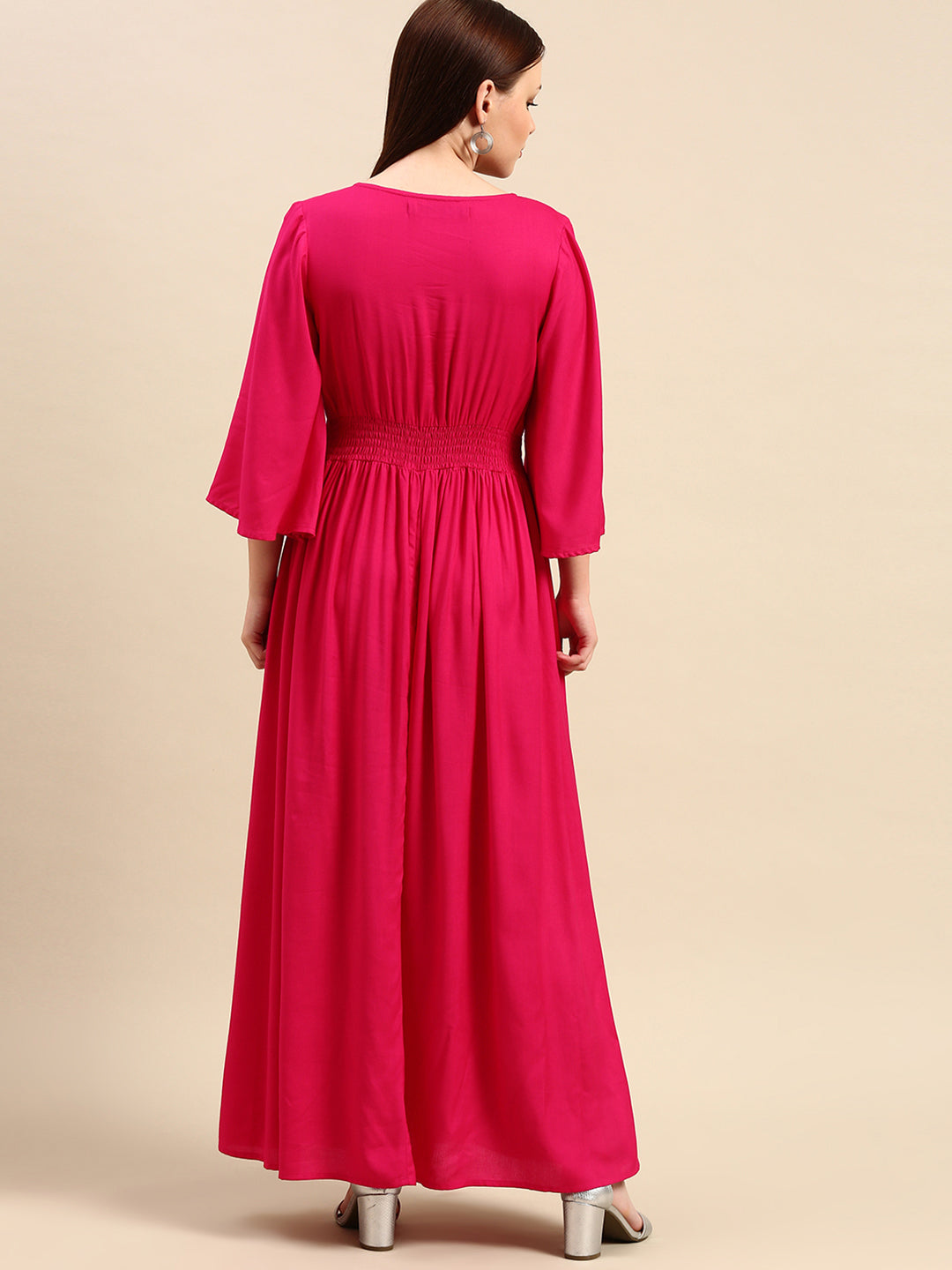 Hot Red Maxi Dress for Women - V-Neck, Flared Sleeves, Smocked Waist