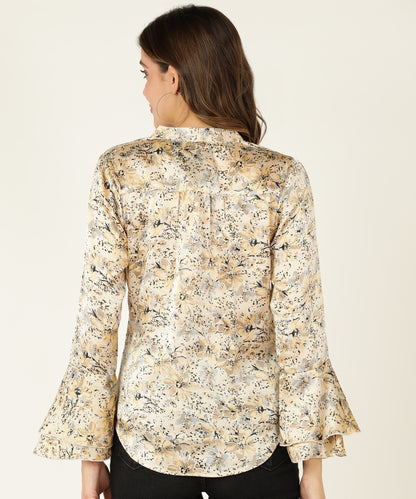 Women's Beige Satin Floral Print Shirt with Flared Sleeves
