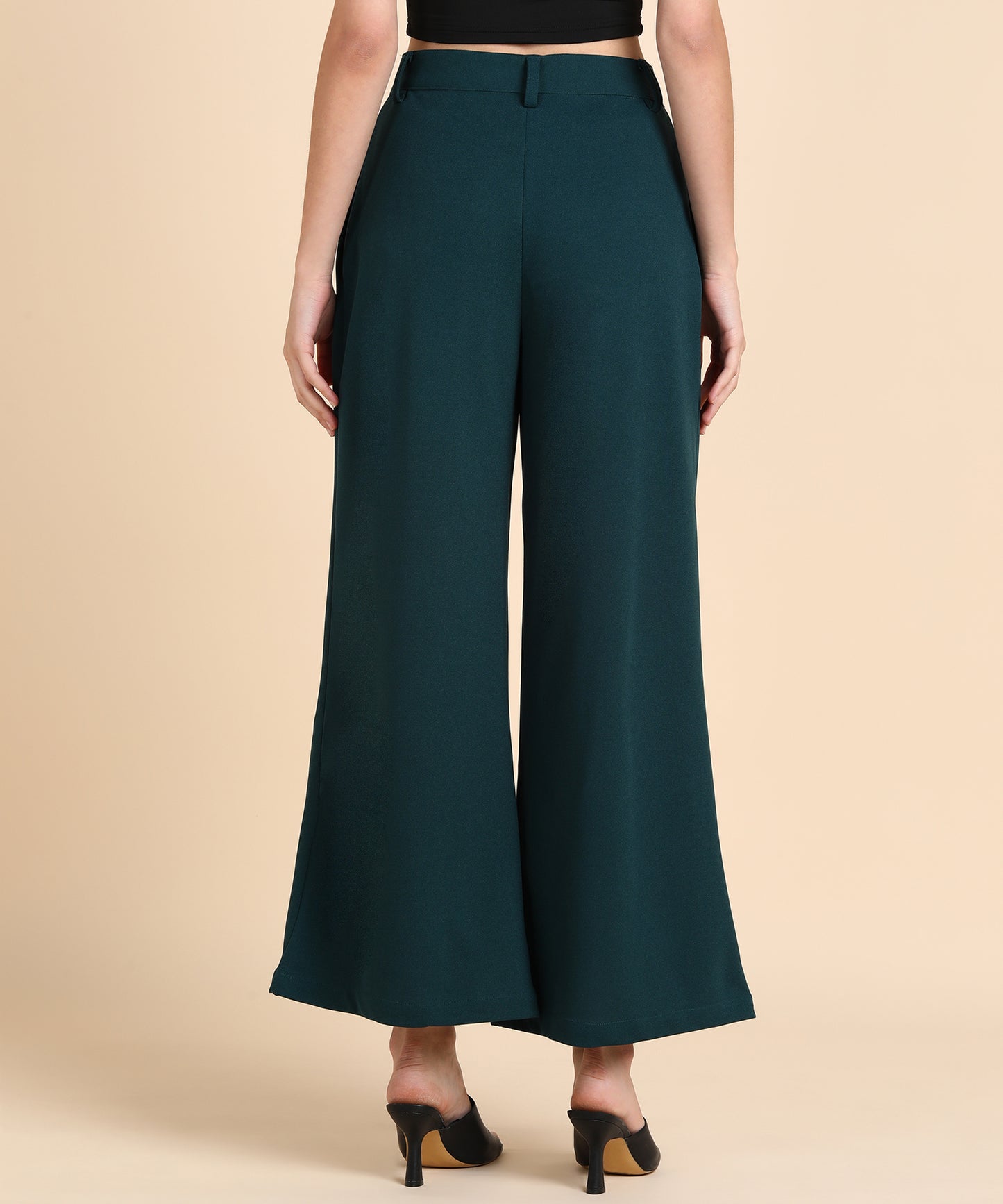 Women's Dark Black High-Waist Wide Leg Trousers – Elegant Pleated Palazzo Pants with Pockets
