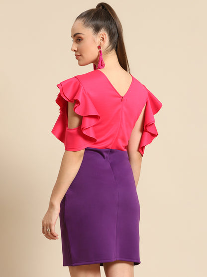 Pink and Purple Bodycon Dress for Women | Ruffle Sleeve Party Wear Outfit