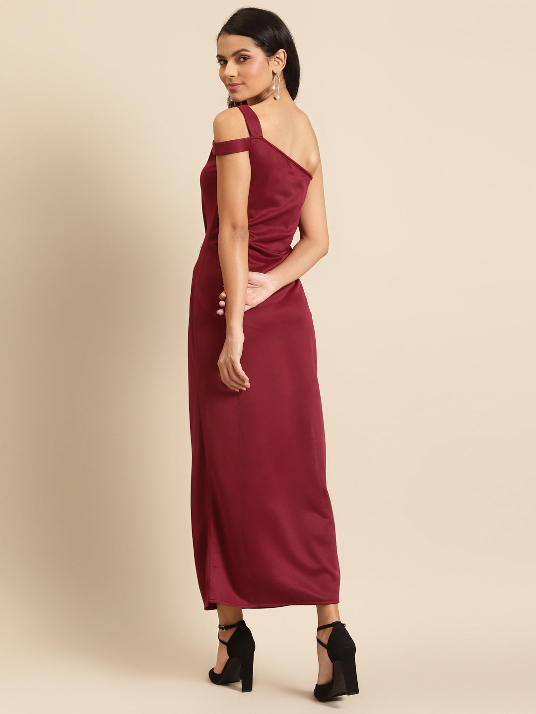 Maroon One-Shoulder Satin Maxi Dress for Women | Elegant Party Gown
