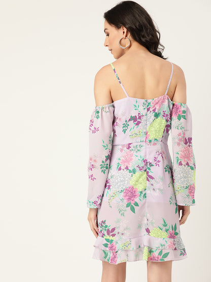 Women’s Cold-Shoulder Lilac Floral Ruffle Mini Dress