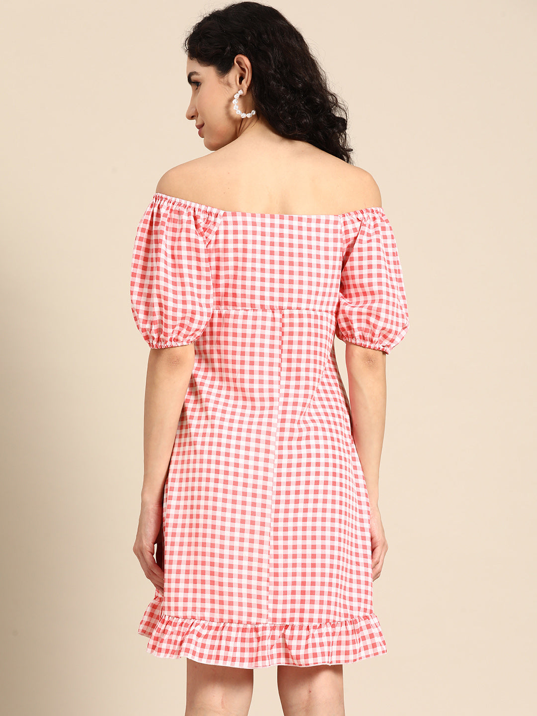 Pink Checks Print Off-Shoulder Dress for Women – Puff Sleeves & Ruffle Hem Summer Outfit