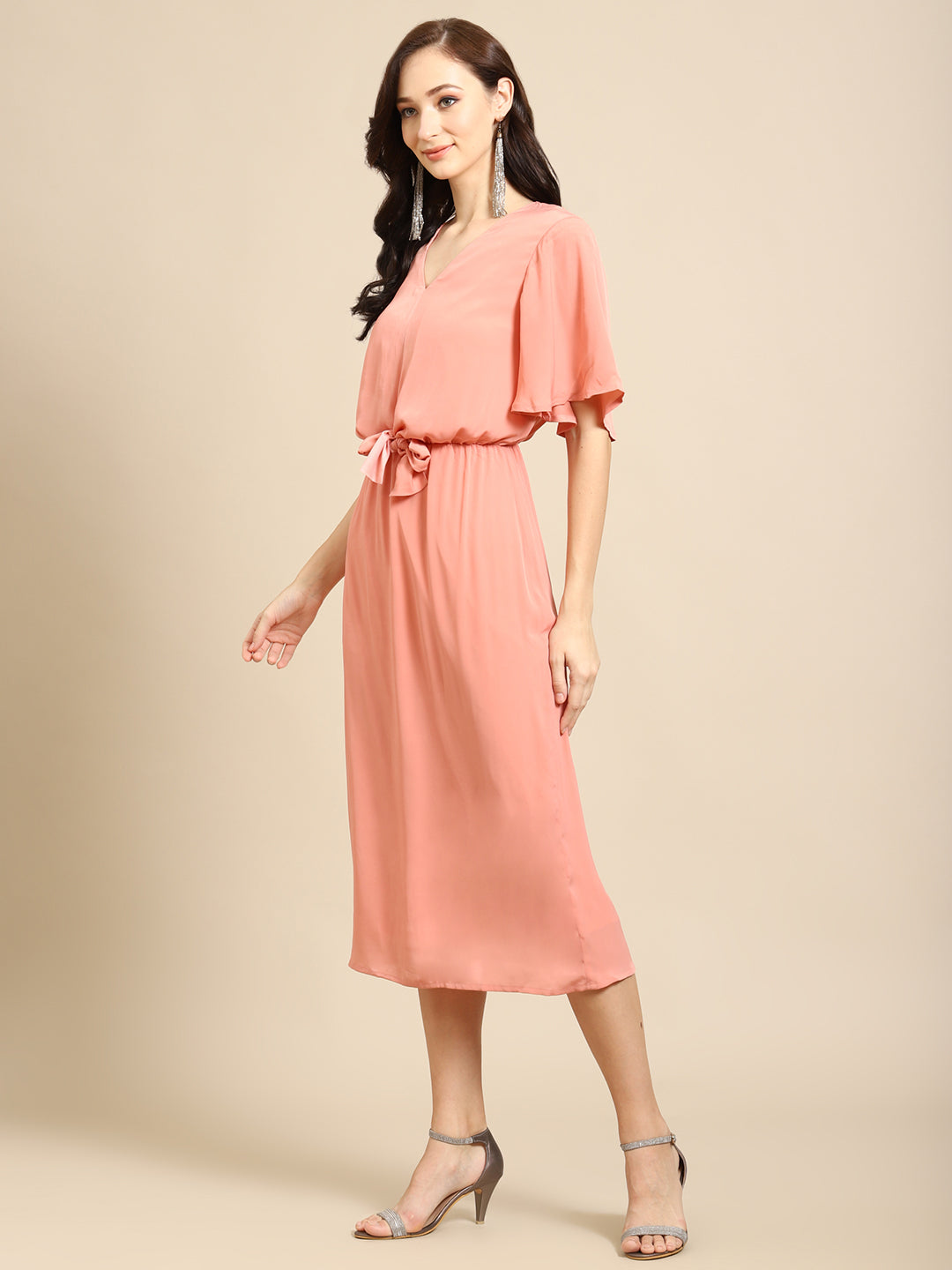 Elegant Peach Midi Dress for Women | Stylish V-Neck Tie-Waist Dress