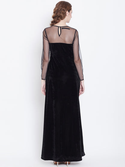 Black Floor Length Gown with Sheer Net Yoke and Sleeves