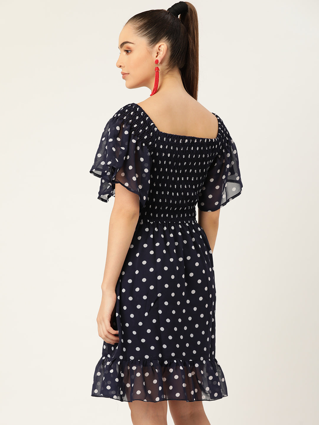 Women Navy Blue Polka Dot Smocked Short Dress