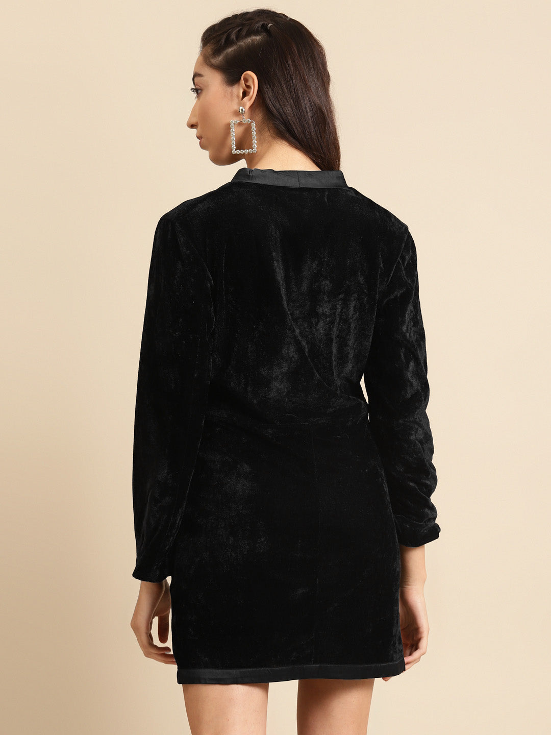 Black Velvet Blazer Style Mini Dress with Satin Trim