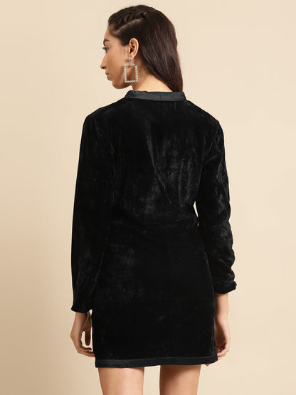 Black Velvet Blazer Style Mini Dress with Satin Trim