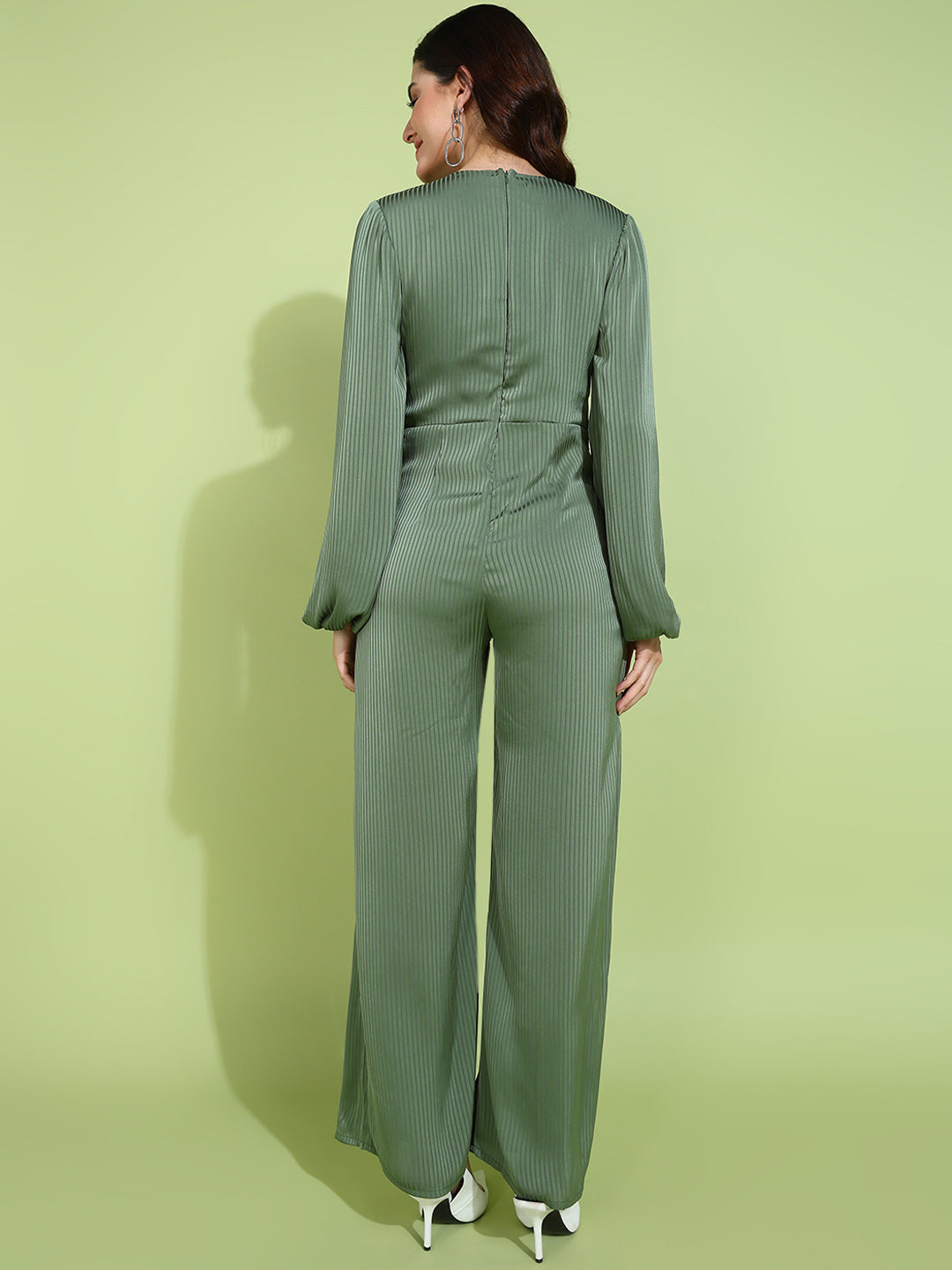 Chic Olive Green Pleated Jumpsuit with Belted Waist and Long Sleeves for Women