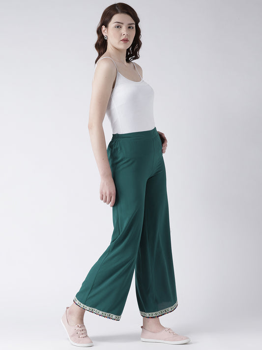 Women's Green Wide-Leg Pants with Embroidered Hem – Casual Ethnic Trousers