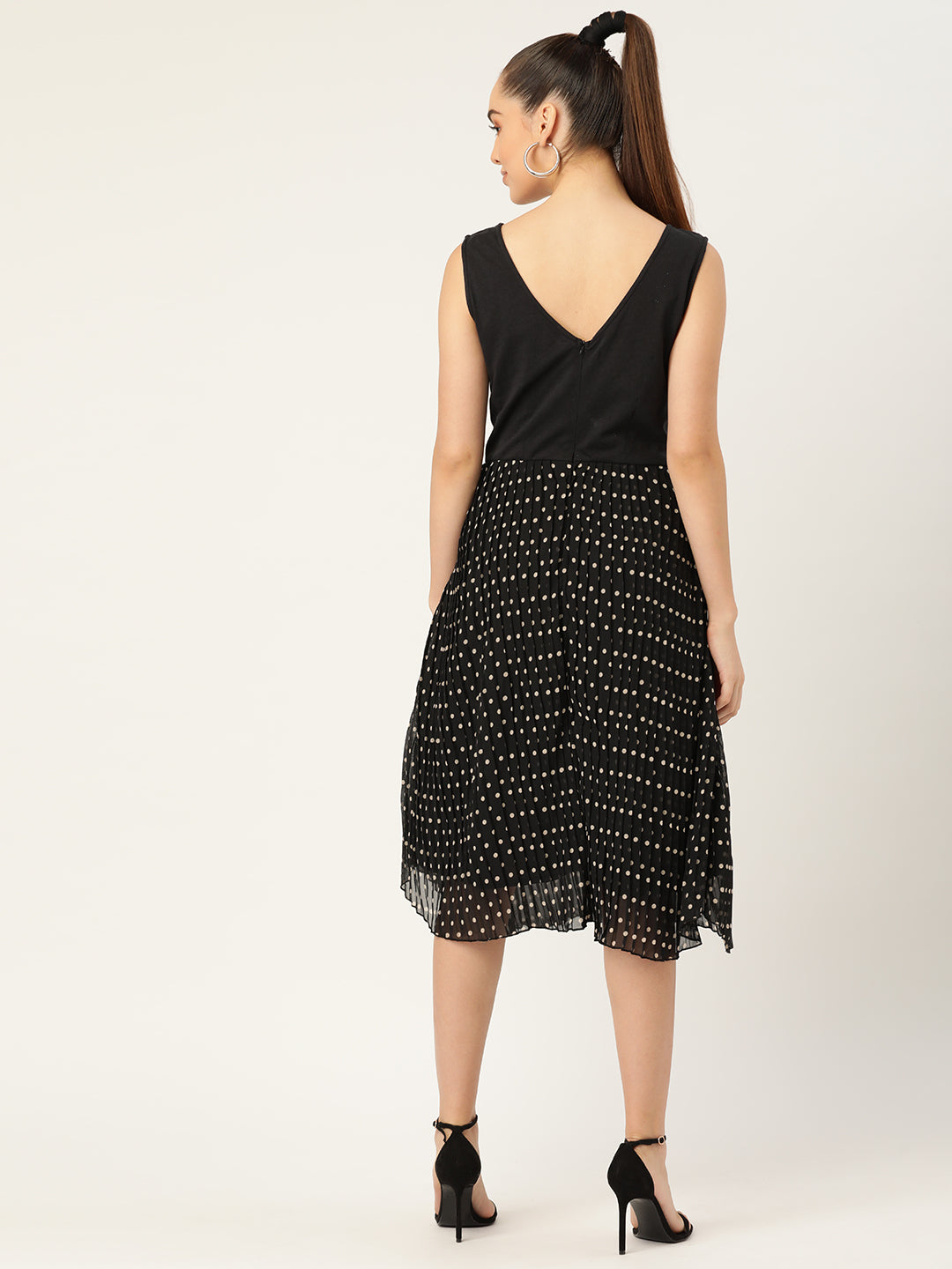 Sleeveless Black Polka Dot Pleated Midi Dress for Women
