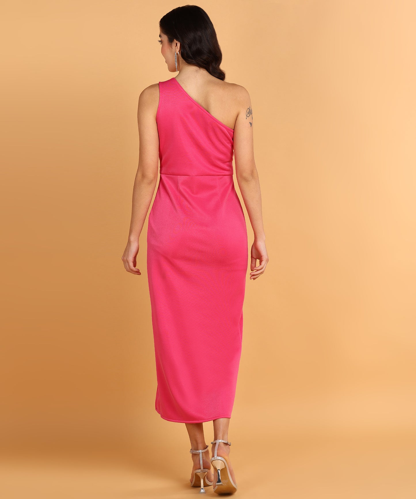 Pink One Shoulder Slit Midi Dress for Women