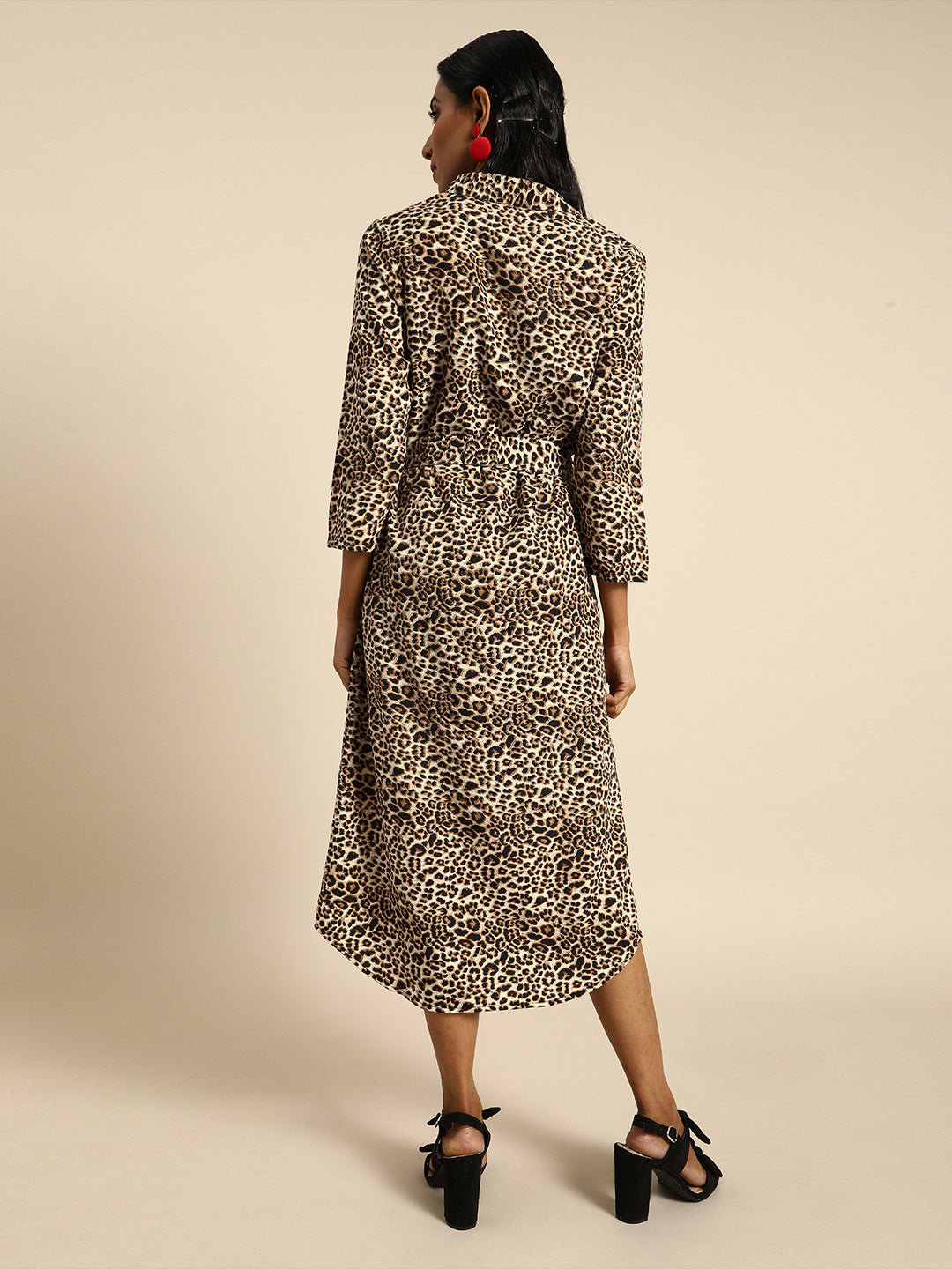 Leopard Print Shirt Dress for Women with Belted Waist and Midi Length