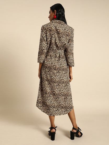 Leopard Print Shirt Dress for Women with Belted Waist and Midi Length