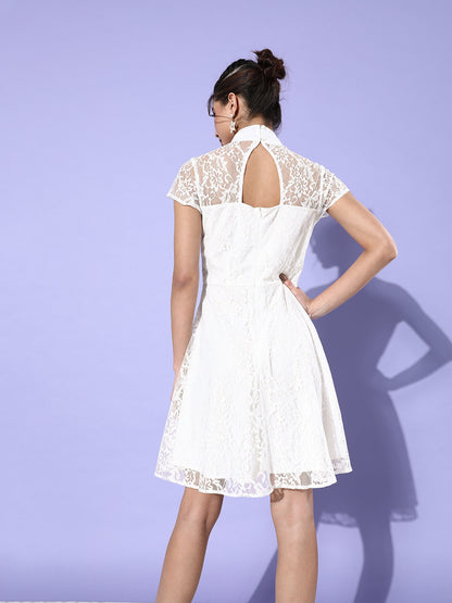 Elegant White Lace Fit & Flare Dress with High Neck Timeless & Graceful