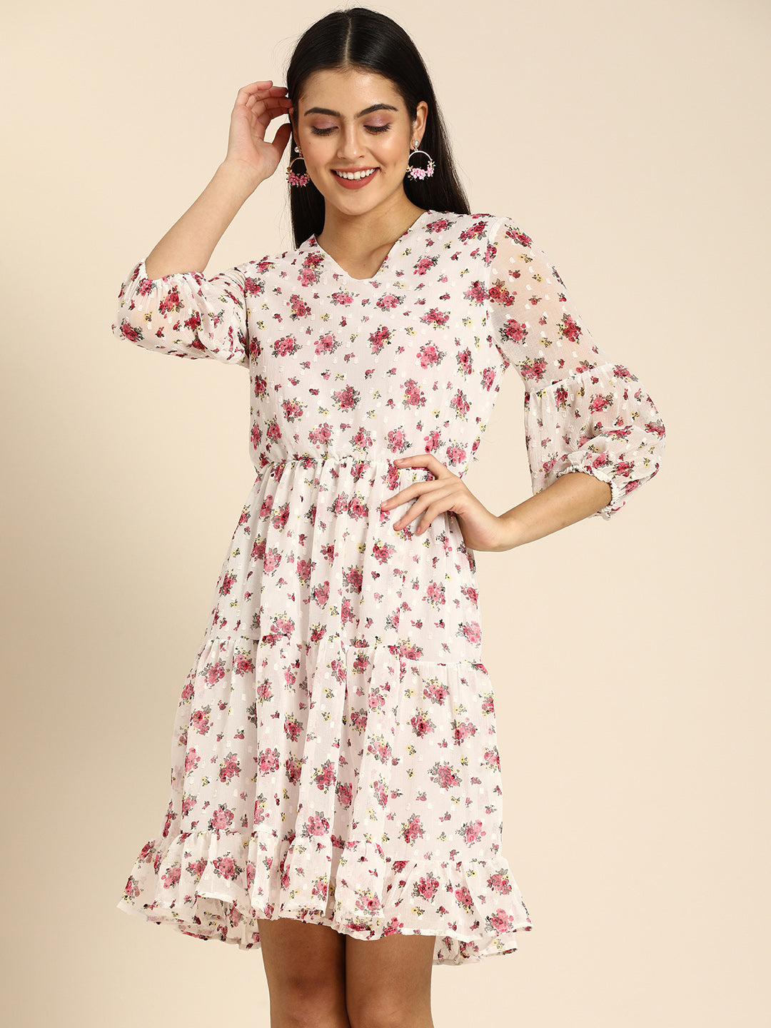 White Floral Chiffon Tiered Mini Dress with Sheer Sleeves – Casual & Brunch Wear