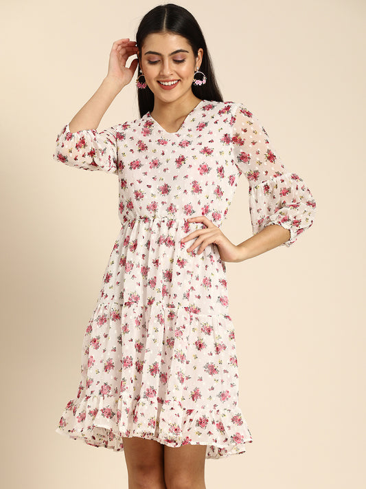 White Floral Chiffon Tiered Mini Dress with Sheer Sleeves – Casual & Brunch Wear
