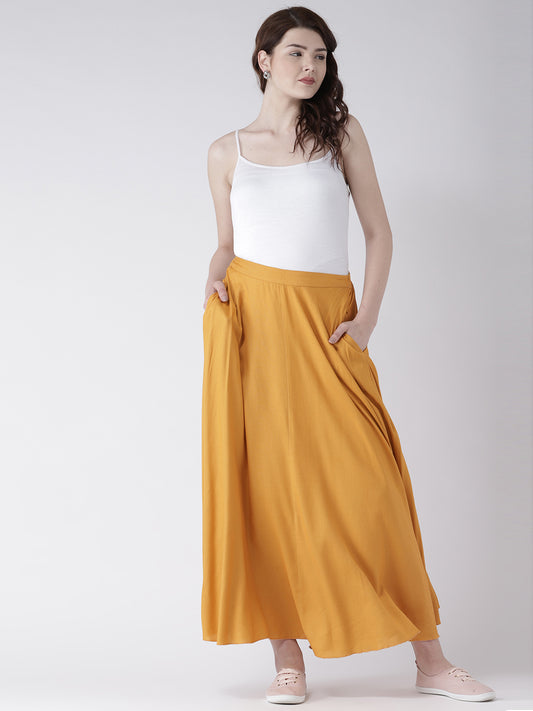 Women's Mustard Yellow Flared Palazzo Pants with Pockets – Solid Rayon Wide-Leg Bottoms