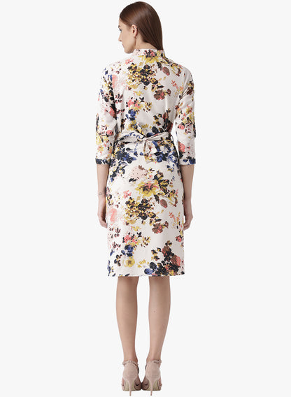 Women's Floral Fit and Flare Dress with Bow Tie Neck and 3/4 Sleeves