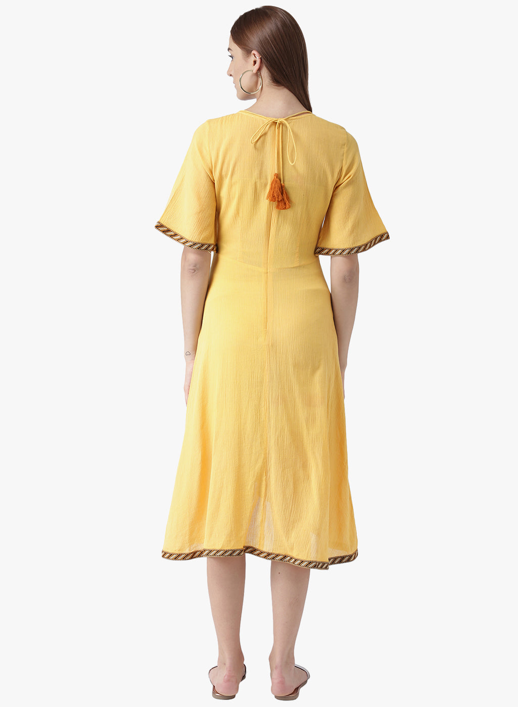 Women's Yellow A-Line Kurta with Tassel Detail and Flared Sleeves