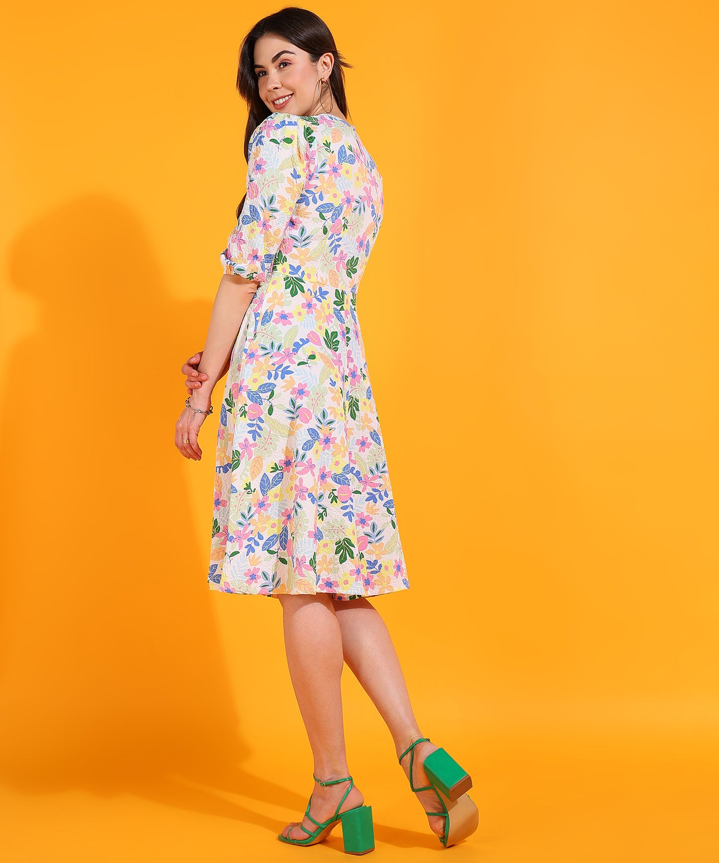 White Floral Print Midi Dress | Puff Sleeve Summer A-Line Dress
