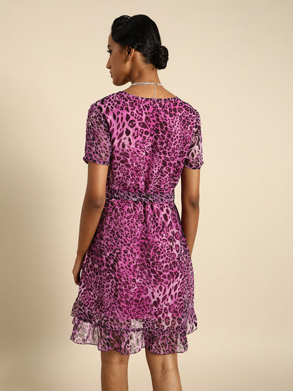 Purple Leopard Print Wrap Dress for Women with Ruffle Hem and V-Neck