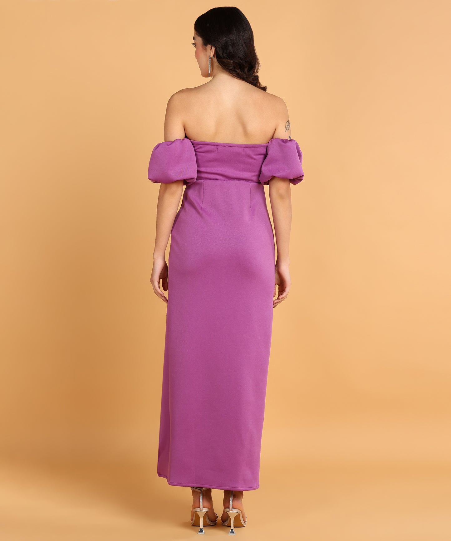 Purple Off Shoulder Puff Sleeve Slit Maxi Dress for Women