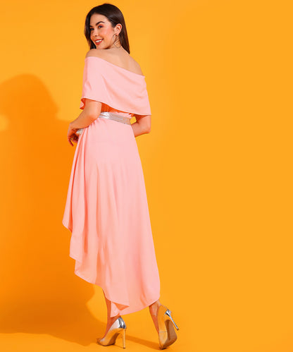 Off Shoulder Pink High Low Dress with Silver Belt – Elegant Party Wear for Women