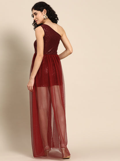 Maroon One-Shoulder Sequin Mesh Overlay Party Dress