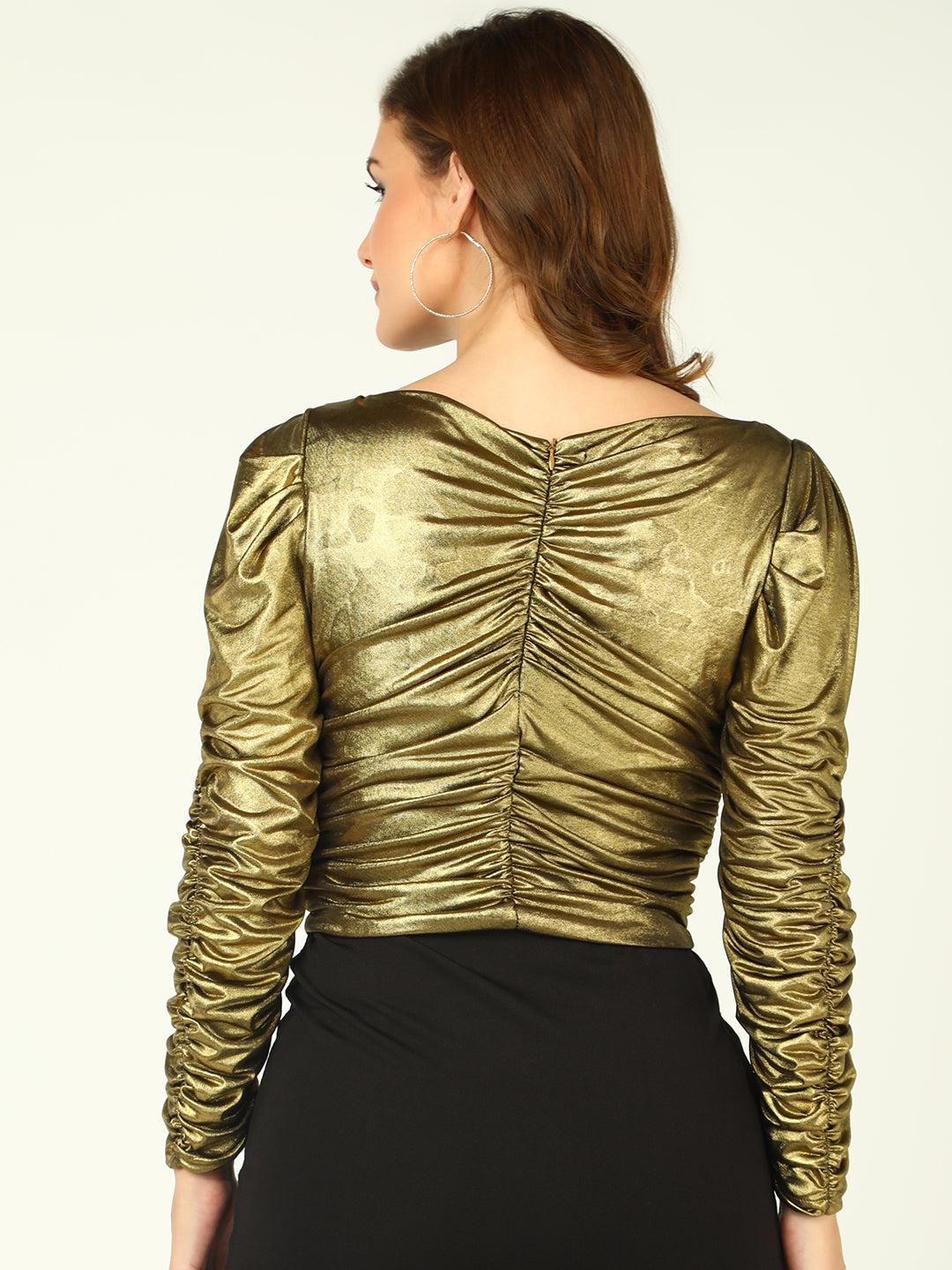 Golden Metallic Ruched Long Sleeve Party Top for Women