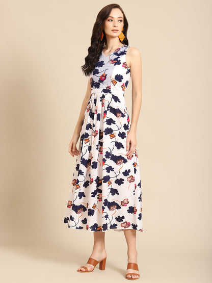 Stylish White Floral Print Sleeveless Maxi Dress for Women