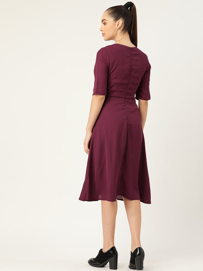 Wine A-Line Midi Dress with Half Sleeves