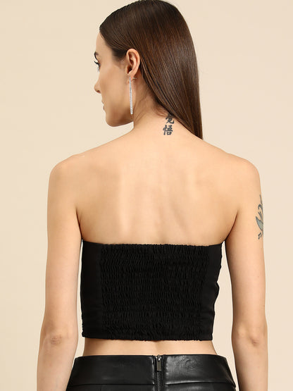 Black Sequin Strapless Crop Top with Floral Neckline Detailing for Women