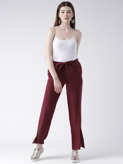 Maroon High Waist Slit Hem Trousers for Women with Tie-Up Belt