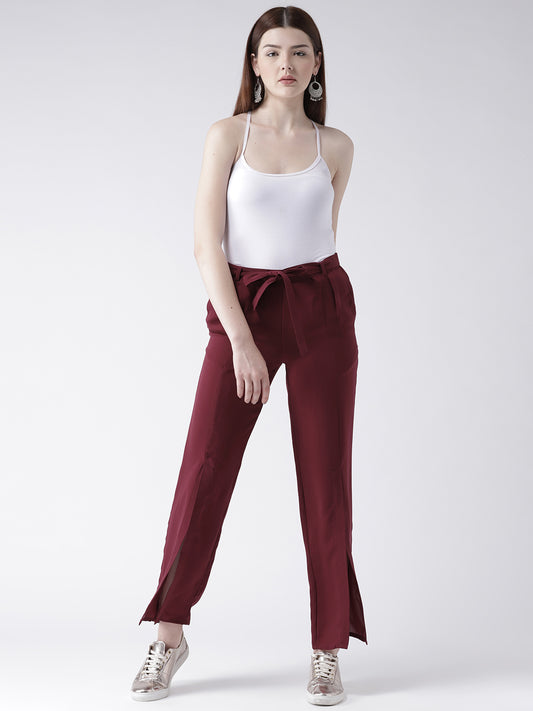 Maroon High Waist Slit Hem Trousers for Women with Tie-Up Belt