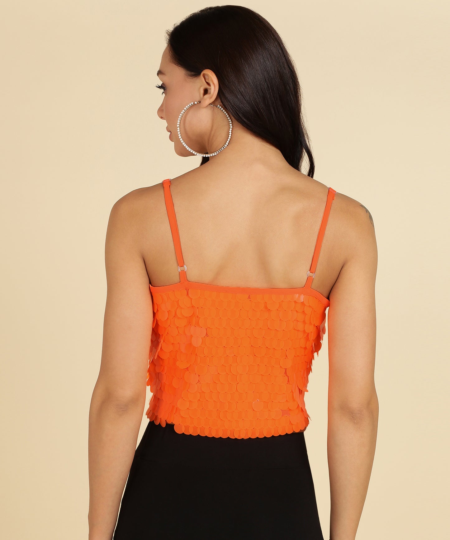 Women's Bright Orange Sequin Crop Top with Spaghetti Straps