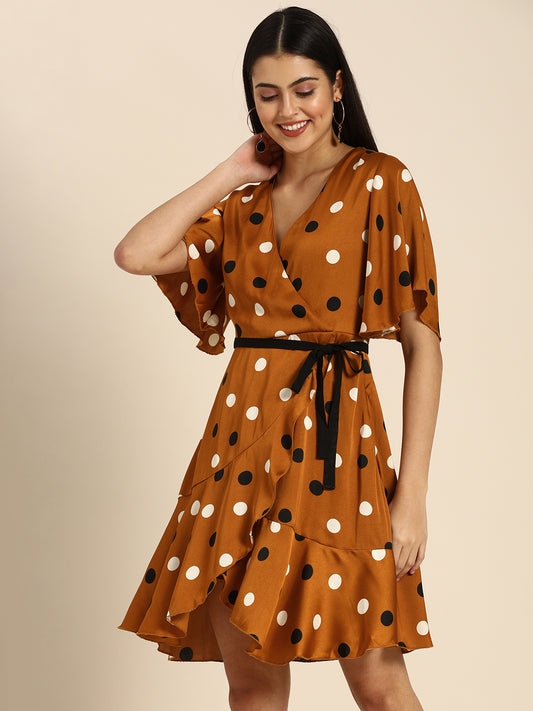 Brown Polka Dot Wrap Mini Dress with Flared Sleeves & Tie Waist Retro Chic Look
