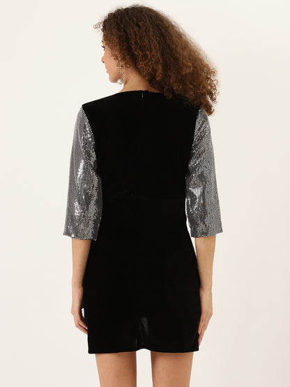 Silver Sequin Wrap Mini Dress for Women | Shimmer Party Dress with V-Neck