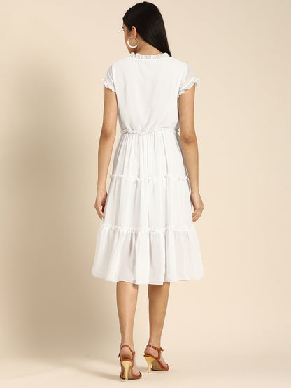 White Ruffle Detail Tiered Midi Dress with Cap Sleeves