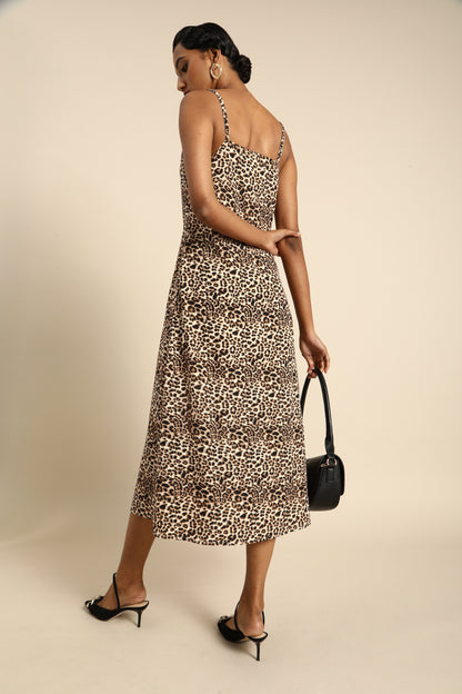 Leopard Print Sleeveless Midi Dress with Front Slit
