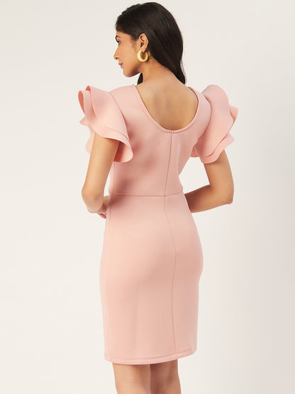 Pink Ruffle Sleeve Bodycon Dress for Women | Elegant Short Dress for Parties
